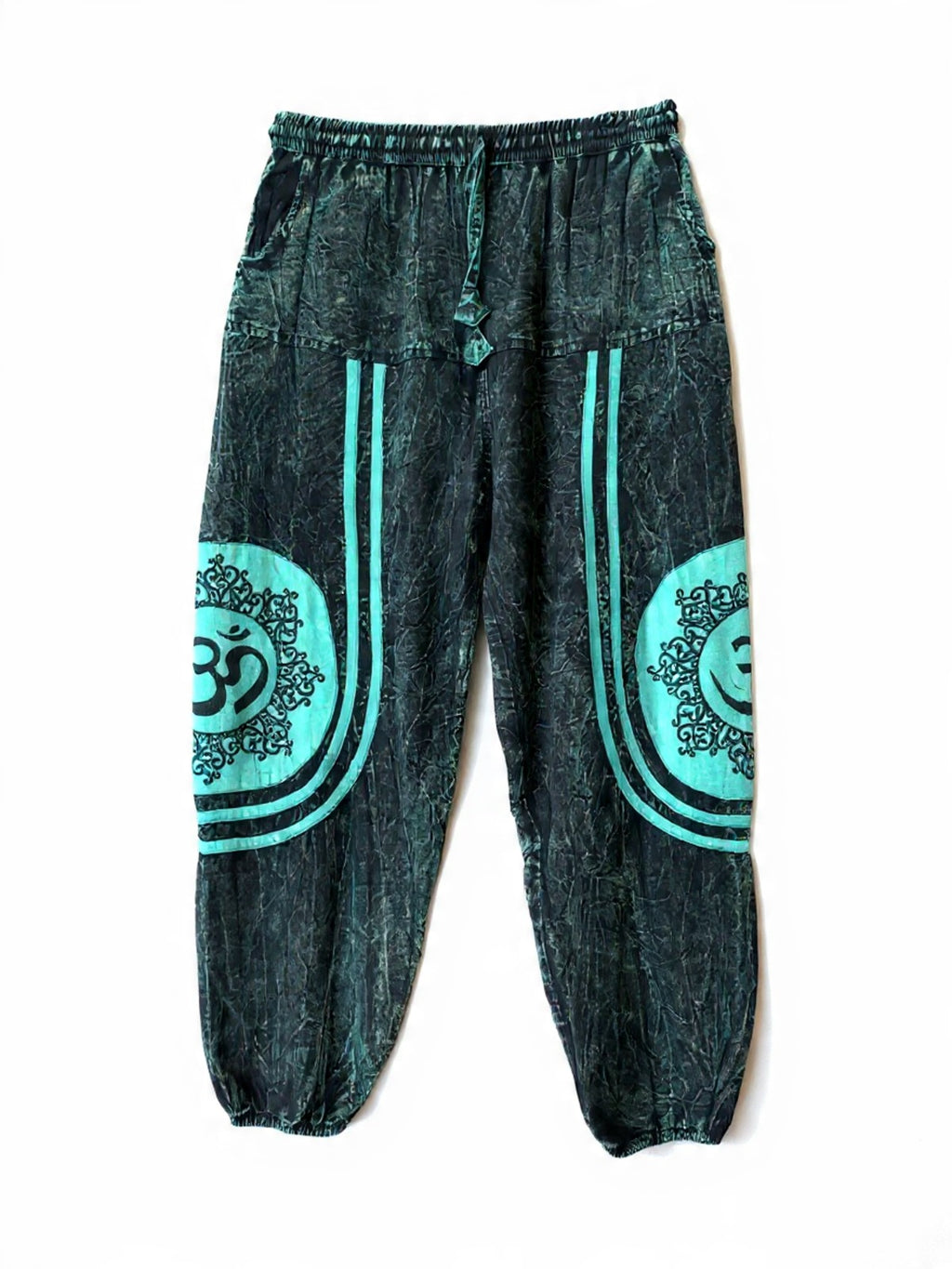 Pantaloni Harem "Om Mandala" Effetto Stone Wash (Nero e Turchese)