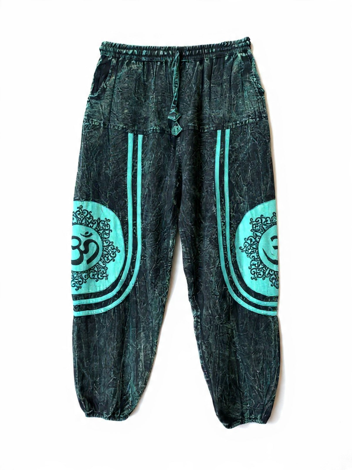 Pantaloni Harem "Om Mandala" Effetto Stone Wash (Nero e Turchese)